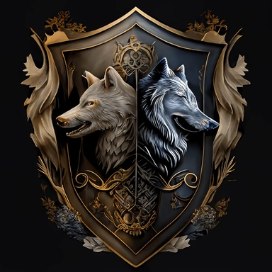 a t shirt design. It is clipart, so it is 2D. Please design a coat of arms of two wolves facing opposite directions. It should be like european nobility. It should include elements of California, St. Louis (Missouri), and commercial real estate. It should