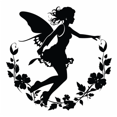 the image of a small black Pixie flying on white is shown, in the style of stencil art, heavy outlines, flickr, hard edge, sculpted, woodcut, clipart cut file cuttable cricut vector