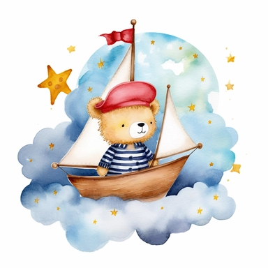 dreamy night sky clouds and a swarm of golden stars. a cute plushie sailor bear in a blue and white striped shirt and a sailor hat and a small red bowtie, in a wooden sailboat with a white sail, sailing on fluffy clouds, not sea. prominent visible brush strokes, watercolour texture, watercolor clipart png on white background