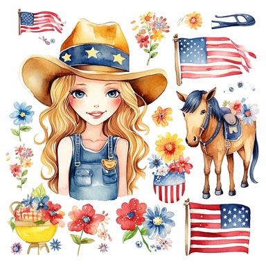 watercolour graphics collection including 4th of July cliparts: USA flag, cow in a USA flag bandana, hippy bus, American map in the American flag colours, cowboy boots with American flag colours, sunflower bouquet with the American flag, white background, in the style of emily balivet, soft, blended colors, contrasting colors, kawaii manga, floral explosion, vector, cartoon animated