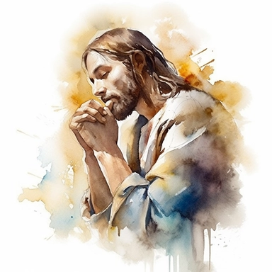 Delicate vintage texture watercolor painting of jesus christ praying with folded hands, kneeling and sideways, pleasant and artistic (watercolor clipart), (soft, diffused lighting)