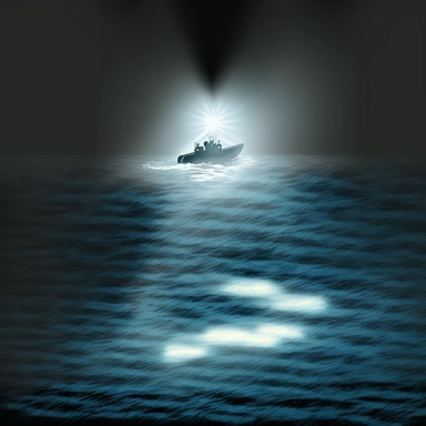light from a flashlight from a boat at a distance, at sea, clipart