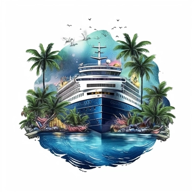 fantasy cruise ship in the moonlight, paradise island digital clipart on white background