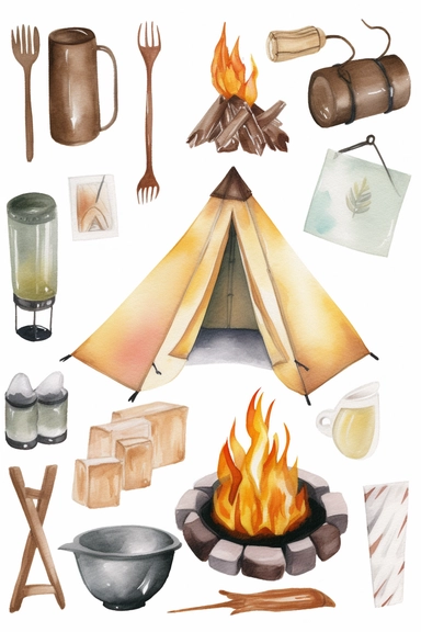 a collection of watercolor camping clipart in the style of that girl boho vibe in the colors of pastel pinks, browns, oranges and neutrals