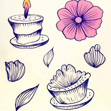 Modern clipart, minimalistic Birthday cake, Flowers, hand draw, line art illustration, seamless