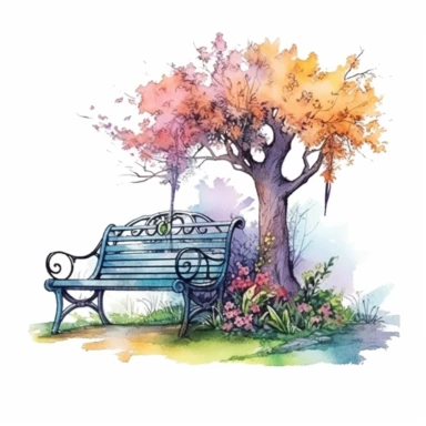 clipart, isolated on white background, Watercolor Spring beautiful ornated metal bench under the tree, flowers and grass and plants, ornated, vivid and vibrant and saturated colors