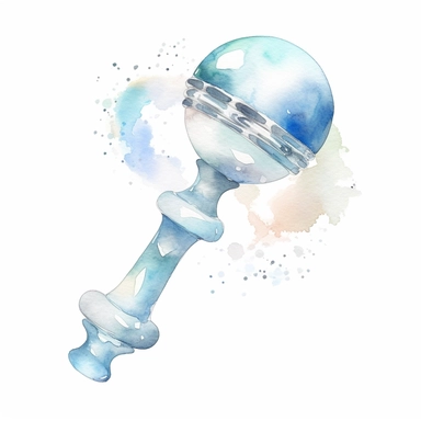 cute watercolor newborn soft blue baby rattle, watercolor effect, isolated white background, babyshower clipart, soft blue tones