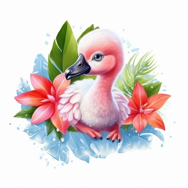 vibrant colored baby flamingo with beautiful frangipani flower, Valentine's Day, clipart, without text in the picture, white background, isolated on white, logo design