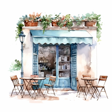 high detail watercolor aqua clipart white background cafe style