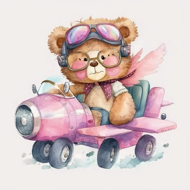 watercolor clipart cute happy girl teddy bear wearing pilot glasses on driving pink plane, white background