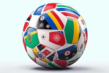 Soccer ball with national flags on grass over white background. World countries football championship. 3D illustration with copy space. Including clipping path. background vector art painting illustration