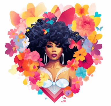 an image of a Nicki Minaj with flowers, hearts, clipart, in the style of afro-colombian themes, poolcore, feminine sticker art, body extensions, tomàs barceló, minolta riva mini, heatwave
