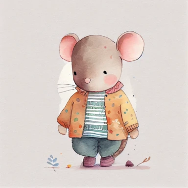 cute children's book illustration of a mouse wearing clothes, smooth watercolor details, soft colors, outline, nursery art, popular on pinterest, clipart, trending on artstation, minimalist, watercolor illustration clipart, watercolour clipart, watercolor illlustration for kids and children, book illustration, flat design, white solid background