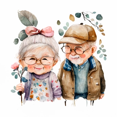 cute adorable happy grandparents, clear white background, handrawn watercolor graphic clipart, cute Children's Drawing, isolated
