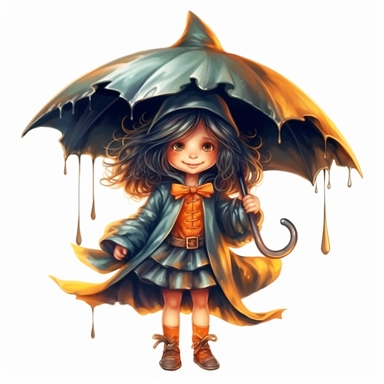 Cute Adorable magical little witch holds laterally a huge umbrella in his hand wears a raincape and stand in the rain on a country road, correct umbrella, clipart, high detail, 8k polished, 8k, vibrant colors, white background, sticker
