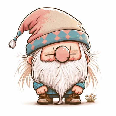 cute chibi happy gnome with big white beard, wearing spike hat, hat is covering the eyes, clipart, line art, in the style of Anni Betts + Christine Battuz, watercolor illustration style 8k, png
