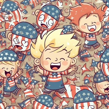 Super cute, American flag with happy toddler army Sublimation Clipart, Cartoon funny, Cute anime, Very detailed, firework background