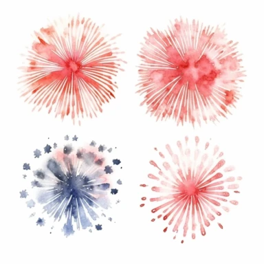 4 july watercolor clipart, fireworks, isolated on white background