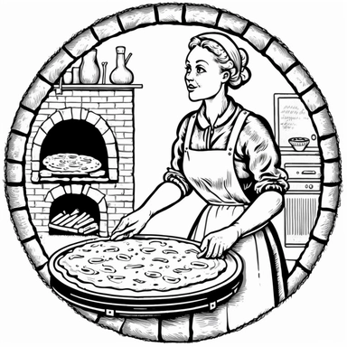 Norwegian woman forty years, putting lefse in oven, Black and white illustration, pizza oven made of bricks, clipart, circle shaped logo, lineart, cartoon