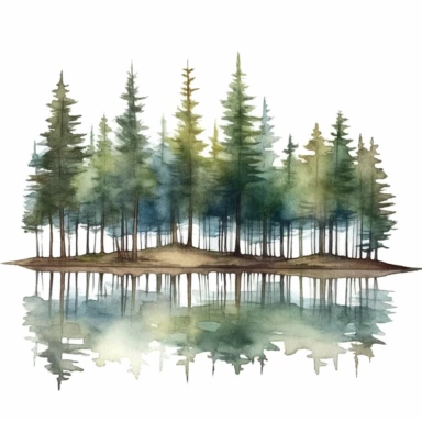 A watercolor painting of beautiful Lakeside Pine Trees Clipart by the best 10 artists in the world, isolated on white background, no text,