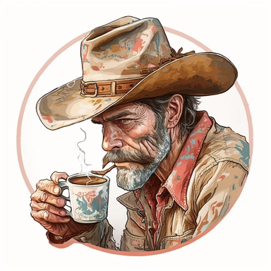 isometric head-shot view of realistic illustration of a modern compassionate, caring and loving older cowboy relaxing drinking hot coffee, coffee theme vintage in watercolor style clipart, use darker reath-tones, more darker saturated colors, Banksy artstyle with minimal effects, super creative watercolor, white background