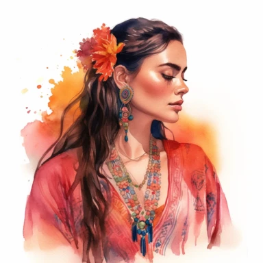 Romantic realistic watercolor of a beautiful young woman in full growth with long dark hair, Dia de Los Muertes style, wearing boho jewerly, mexican traditional dress, spiritual,translucent, multi-layered, delicate, bright colors, golden hour, fashion photography, watercolor clipart--no watermarks, no text