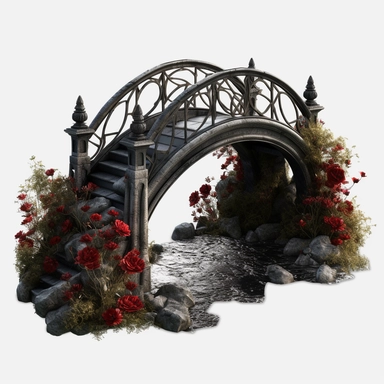 black Gothic Bridge Dark Fantasy Garden with red rose Clipart, white isolated background, space out, hd, 8k, realistic