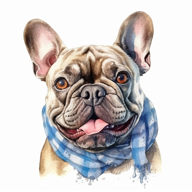 high detailed, Hand drawn watercolor clipart of a happy French Bulldog in italy, on a pure white background for background removal, no shadow, no paint splash