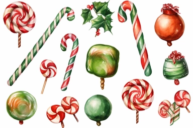 watercolour of a variety of Christmas Candies. Red and Green Gumdrops, Candy Canes, Peppermints, ribbon candy, clipart variations, simple, vector, 8k