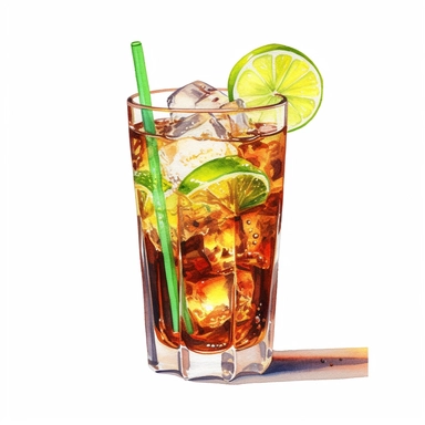 watercolour cocktail, clipart, white background, realistic, cuba libre cocktail, crushed ice, lime wedge,long glass, coca cola color