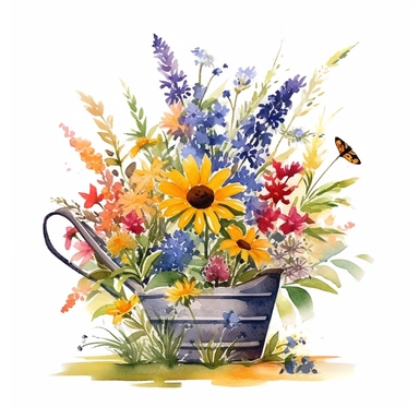 Watercolour Meadow-Inspired bouquet Extra large, Create a meadow-inspired arrangement by combining native UK and American flowers that bloom in meadows, Mix cowslips, cornflowers, and red campions from the UK with black-eyed Susans, goldenrods, and butterfly weeds from Americaplanted in a Metal wheelbarrow watercolour flower arrangement, clipart, vector, intermingled with greenery, white background, no captions, no vase, flower bed setting, aspect 2:2 repeat 5