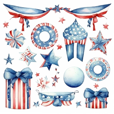 watercolor 4th of july patriotic decorations, illustrations clipart set, simple, , cartoon elements , bunting, ribbon elements, door wreaths, different variants , separate elements with a margin