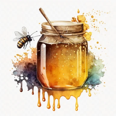 clipart watercolor, honey jar you can see bees in the reflection of the jar, with honey dripping stick, , hd, on white background ar 3:2 s 1000