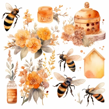 various individual watercolor clipart, vector, bees, beesweep, flowers, hives and honeycombs, in the style of dimitra milan, light gold and amber, mundane materials, cottagepunk, craftcore, floral accents, on a white background