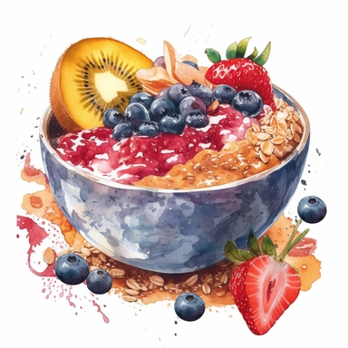 A watercolor clipart of a colorful smoothie bowl with toppings like granola, coconut flakes, and berries. The colors should be vibrant and fresh, and the details should be crisp enough to show the different layers and textures. The background could be a light wash of color to make the smoothie bowl stand out, white background