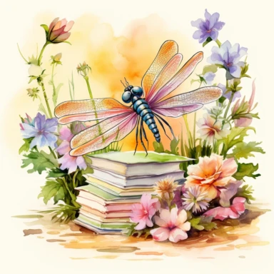 artwork in the style of cicely mary barker, clipart, whimsical watercolour illustration of a cute dragonfly and flowers, very colourful, watercolor clipart, book cover illustration, hyper HD