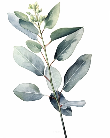 Eucalyptus polyanthemos leaves Watercolor Cliparts Illustrations isolated on white background “Photorealism” taken with macro lens 100 mm on a full-frame camera