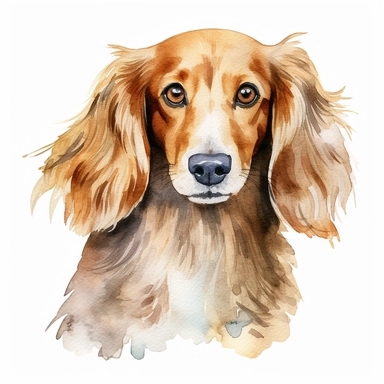 watercolor single clipart of a brown and white long haired dachshund