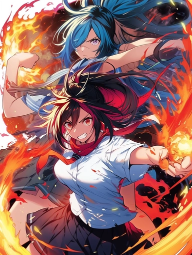 Poster, Ikki Tousen Unchou Kan'u Japanese manga series, paint art style, clipart, school background, superrealistic, one of a kind. The artwork features a dynamic, action - packed composition, with swirling energy blasts and dynamic poses adding to the sense of motion and excitement. The lighting is dramatic and moody, with deep blues and purples creating a sense of tension and danger. The overall mood is one of fierce determination, as Frieza battles to overcome his opponents.