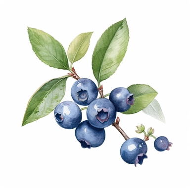 A delightful watercolor illustration and clipart of a blueberry, presented against a clean white background. The watercolor technique beautifully captures the vibrant blue hue of the blueberry, with subtle variations and soft brushstrokes that highlight its plumpness and juiciness. The illustration showcases the intricate details of the blueberry, from its round shape to the tiny crown-like structure on top. The white background provides a striking contrast, allowing the rich color of the bluebe