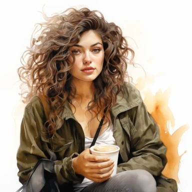 Hyperrealistic high detailed watercolor woman drinking coffee clipart, white background