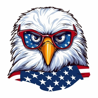 American Patriotic eagle wearing patriotic sunglass in front of American Flag cartoon style clipart in white background, no logo, no writing