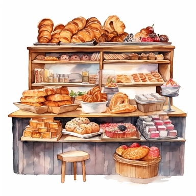 A coffee shop's bakery section, filled with delicious pastries and bread clipart, white background, watercolor drawing