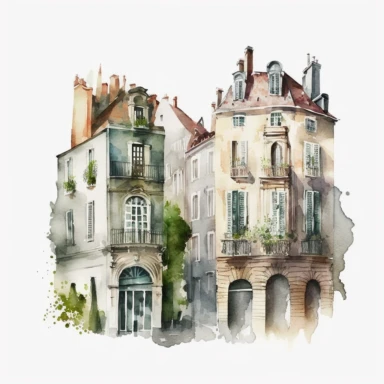 Watercolor French old buildings Clipart, white background, no captions