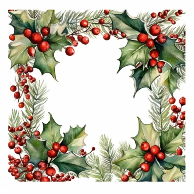 holly and berries and christmas ornaments, square frame, white background, clipart, page border style, watercolor, vintage--q2