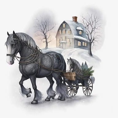 dark academia, horses, snow, fairytale, Christmas, swedish folk art, watercolor, white background, clipart