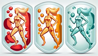 2D art fitness sport beautiful women defended by shield with bifidobacteria capsules on white background, beautifully color graded,, clipart vector drawing