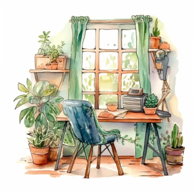 A boho style home working corner with watercolor effect, boho style tools, boho style big window, , boho style details, boho colors, suitable for digital clipart, white background, boho style green plants, boho flowers