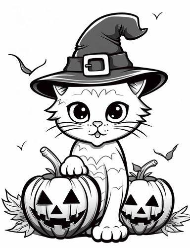 clipart cartoon friendly cat, pumpkin patch, in the style of Pierre-Auguste Renior black and white child's coloring book, black and white smooth thick lines, solid white background, no background