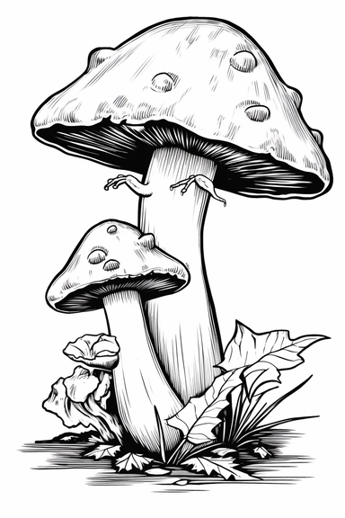 mushroom with a black cap and a short stem, with a frog perched on top , clipart style of coloring book for children, super simple, thick, clear, lines, black and white, white background